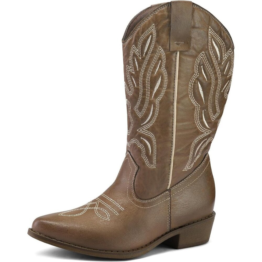 Mysoft Women's Light Brown Western Cowboy Boots Mid Calf Pointed Toe Cowgirl